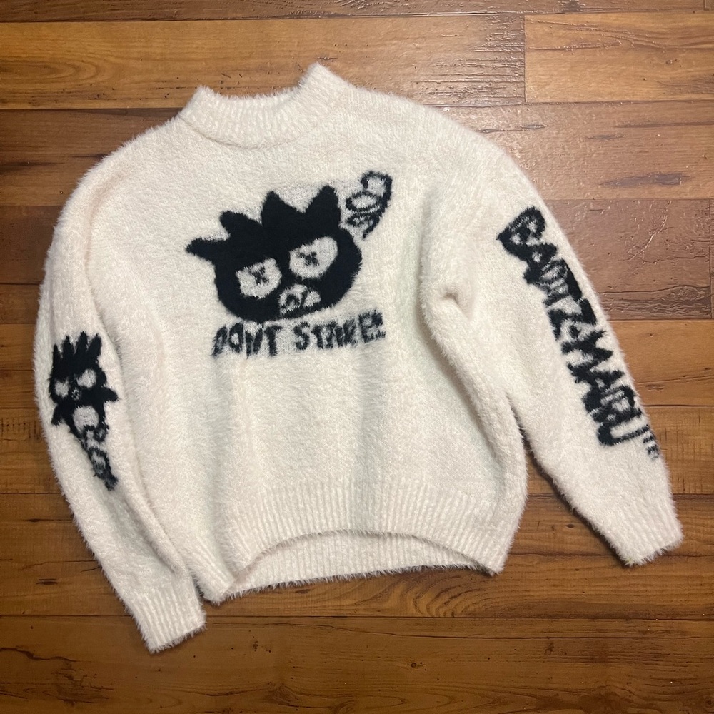 Fluffy Sanrio Batzmaru x Forever21 sweater white with black graphic - size small - Picture 1 of 4